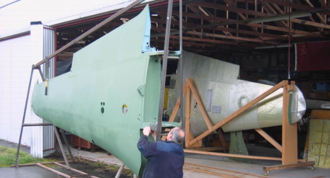 Yak-11 wings moved into workshop 15 Aug 2012 (2).JPG